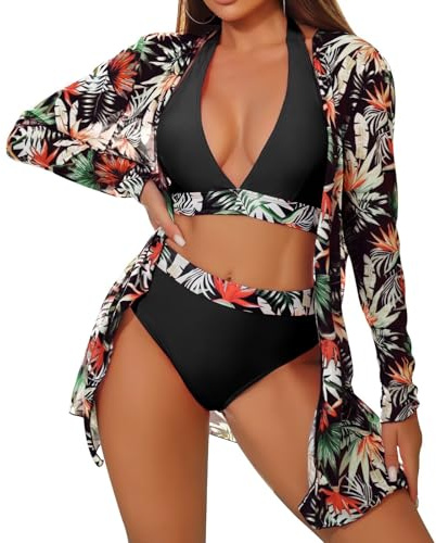 TERODACO 3 Piece Womens Bikini Sets Halter Neck Removable Padded Swimming Costume Women Soft Quick Dry Cover Ups for Ladies Beachwear Swimsuit Bathing Suit,Seamless Lightweight 6011 Black XL