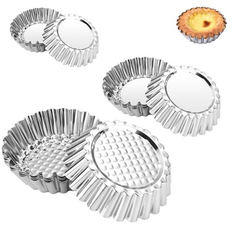 Ruayia Lot de 12 moules à tartelettes, réutilisables, avec revêtement anti-adhésif, en 3 tailles, ronds, en acier inoxydable, pour mini gâteaux, tartes et quiche