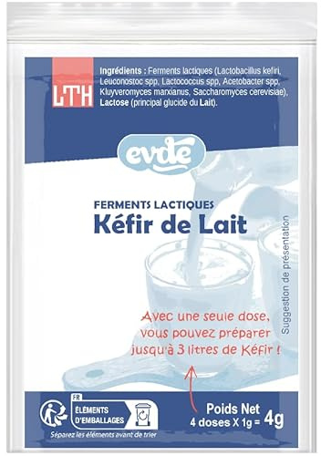 LTH - Ferments Kéfir de Lait - Dosettes en Poudre pour Kéfir Maison | Souches microbiotiques actives pour Kéfir traditionnel. Facile & économique : 1 paquet = 4 doses concentrées = jusqu'à 12L