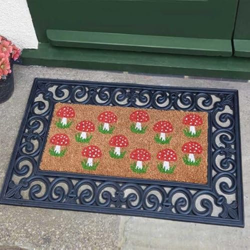 Garden Mile Large Coir Door Mats 23 x 53cm, Non-Slip PVC Backing, Indoor/Outdoor Weather resistant Premium Heavy Duty eco- friendly Thick Coir door mat Dirt trapping entrance door mat (Mushrooms)