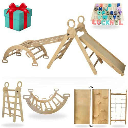 Lucknel® Montessori 5 en 1 - Juego de estructura de escalada para interiores – Triángulo Pikler, arco de escalada, red de escalada y tobogán – Parque infantil a partir de 2 años con rampa de doble