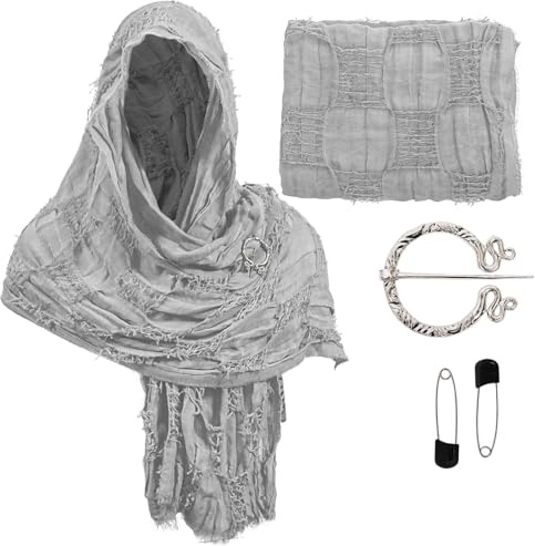 Scialle medievale per adulti, con cappuccio, stile rinascimentale, vichingo, mantello avvolgente da dune deserta, scialle con cappuccio e spilla vichinga, Grigio, taglia unica