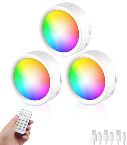 Luci a disco ricaricabili con telecomando, 13 colori cangianti, dimmerabili, luci a spinta, luci a LED senza fili, per armadio, camera da letto, armadio e aula, confezione da 3