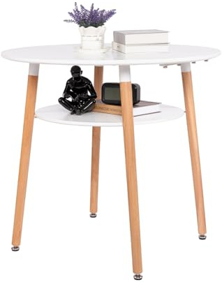 H.J WeDo Runder Esstisch Weiß - 80cm Kompakttisch Küchentisch Esszimmertisch mit offener Ablage & Buchenholz-Tischbeinen, Platzsparend für 2-4 Personen