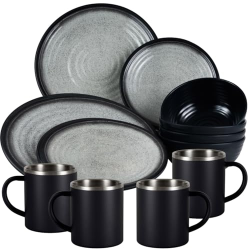Melamin Geschirr Set Grau Schwarz Edelstahl Thermo Tassen Tonoptik Camping