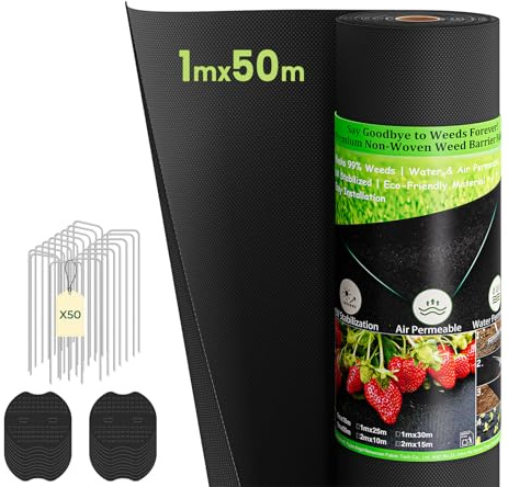 Dripex Toile de Paillage avec 50pcs de Piquets Contre Les Mauvais Herbes, Géotextile Non Tissé 1mx50m Toile de Paillage, 100g/m² Anti-Mauvaises Herbes, Perméable à l'eau, Résiste Rayons UV