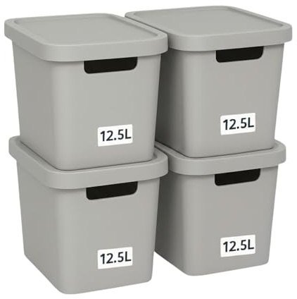 Plastard Aufbewahrungsbox mit Deckel 4er-Set 12,5 Liter in Grau | BPA-Freie Ordnungsbox für Küche, Bad, Büro, Kinderzimmer, Robuste Stapelbare Kunststoffbox, 32 x 22 x 25 cm, Ordnungskiste