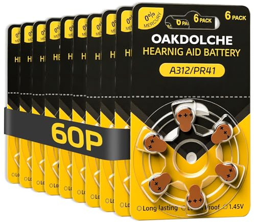 OAKDOLCHE Hearing Aid Batteries Size 312, 60 Count, Mercury Free Zinc Air, 1.45 Volt Long Lasting & Easy to Open