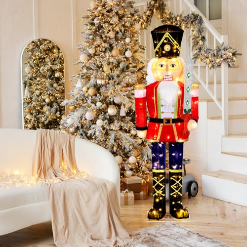 COSTWAY Soldado Cascanueces Iluminado Decoración Navideña Exterior, Decoración Navideña Preiluminada 3D de Tamaño Real con Estacas de Suelo y Ataduras de Cremallera para Exterior Interior (157 cm)