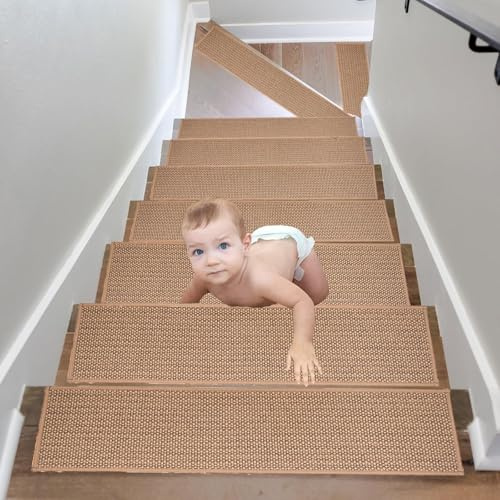 Mhwgo Lot de 15 Tapis d'escalier d'intérieur, 76 x 20 cm, antidérapants et Auto-adhésifs, pour marches en Bois. Idéal pour Les Enfants et Les Animaux domestiques. en Lin Naturel et Lavable en Machine