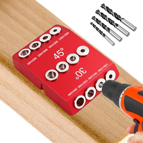 3-in-1 Bohrhilfe mit 4 Größen Bohrer, 30°/45°/90° Mehrwinkel Bohrschablone, Senkrecht Bohren Bohrlehre für Holzdübel Mobelbau, Abgewinkeltes & Gerades Loch DIY Werkzeug