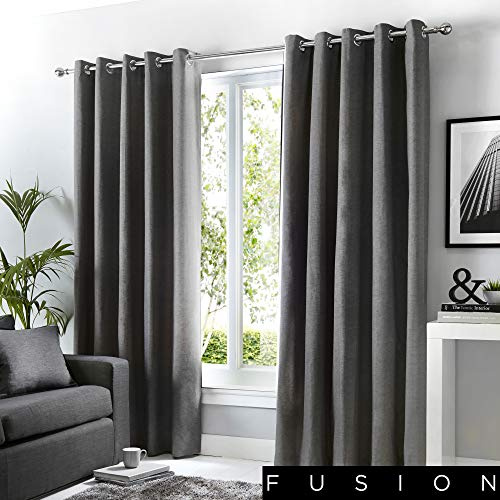 Fusion Sorbonne Dark Grey Eyelet Curtains – W66 x L72 (168 x 183cm) – 2 Panels – 100% Cotton – Thermal & Soundproof Drapes – Charcoal Window Treatment for Bedroom & Living Room – Soft Fabric