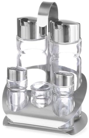 HENDI Menage Set, Fünfteilig, Pfeffer, Salz, Öl, Essig, Zahnstocherhalter Satiniert, Pfefferstreuer, Salzstreuer, Gewürzständer, 130x110x(H)185mm, Edelstahl