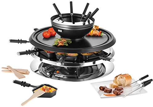 Unold 48726 Raclette Multi 4 in 1-1300 Watt, Für bis zu 8 Personen, Antihaftbeschichtung, Raclette, Fondue, Heißer Stein und Grill, Füllmenge ca. 700 ml