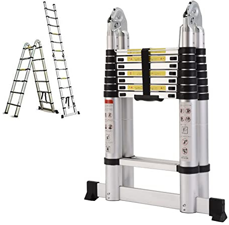 16.5FT Aluminum Telescoping Extension Ladder 330lbs Max Capacity A-Frame Lightweight Portable Multi-Purpose Folding with Support Bar Anti-Slip EN131 Certificated