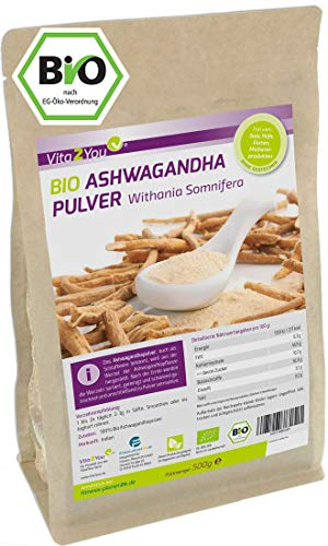 Vita2You Bio Ashwagandha Pulver 500g - 100% Bio Qualität - indischer Ginseng- Premium Qualität - Abgefüllt in Germany