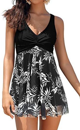 SHEKINI Damen Mesh Einteilige Badeanzug Badekleid Ruched Bauchweg V-Ausschnitt mit Brustpolstern Schwimmkleid Große Größe Baderock Badeanzugkleid(XL,C-schwarz)