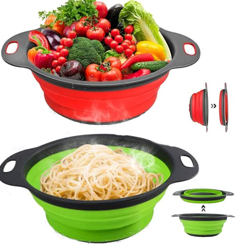 2 colini pieghevoli in silicone, scolapasta rotonda pieghevole con piedini rialzati, ceppo da cucina in silicone alimentare per drenare pasta, verdura e frutta (verde, rosso)