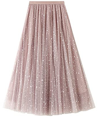 SotRong Glitzer Tüllrock Rosa Damen Midi Überlagerter Mehrlagiger Elastischer Hoch Taillierter A Linien Tutu Rock Mesh-Chiffon-Faltenrock mit Blumendekoration