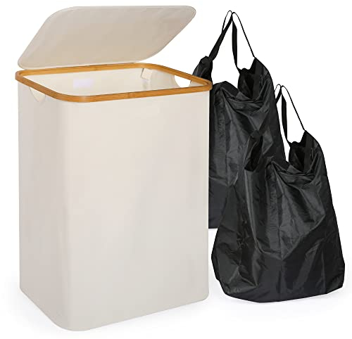 Edaygo Wäschekorb Faltbar 140 l, mit Deckel & 2 herausnehmbare Wäschesäcke, Wäschesammler Wäschebox Wäschetonne, 57 x 38 x 67 cm, Beige