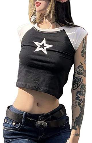 Women Teen Girls Vintage Aesthetic Tees Shirts Cute Graphic Star Print Crop Tops Y2k Fairy Grunge Trendy Clothes (Black, Small)