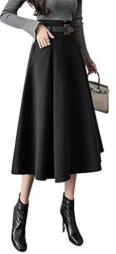 IDEALSANXUN Wool Midi Skirts for Womens High Waisted A Line Pleated Belted Fall Winter Skirts, Black, M