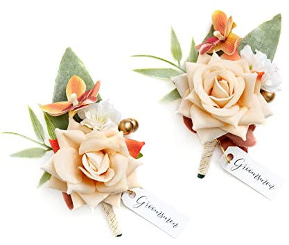 Ling's moment Boutonniere for Men, 2pcs Groom Groomsmen Guest Boutonniere, Artificial Flowers for Wedding/Prom/Homecoming, etc.Fall Terracotta Orange
