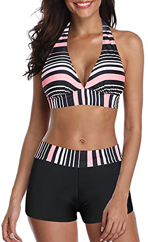 Century Star Ensemble bikini sexy pour femme - Maillot de bain 2 pièces avec short - Mode plage - Push Up, Rayé rose., 38