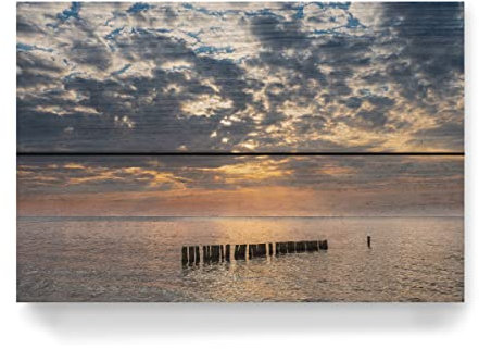 artboxONE Holzbild 30x20 cm Natur Sonnenuntergang, Buhne Meer von Künstler Rico Ködder
