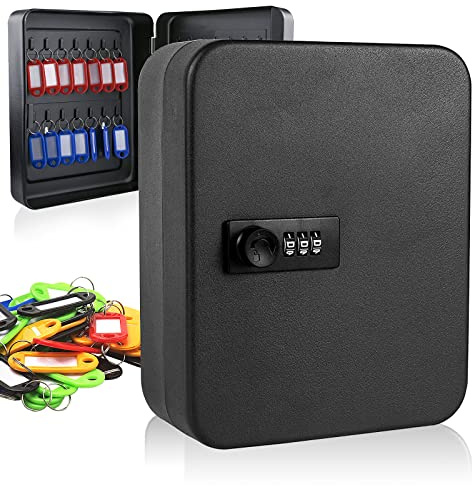 Qulable Combination Key Safe, Wall Mounted Key Box 28-key Steel Key Cabinet | Heavy Duty Steel, 3 Digit Code Lock, 28 Key Hooks, Wall Mount Design, 30 Key Tags, For Home Office Property Storage