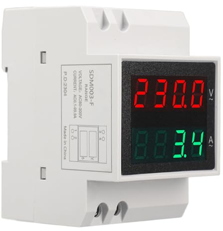 Misuratore di Tensione e Corrente su Guida DIN, Voltmetro Amperometro 0,1‑99,9A AC80‑300V Display a 4 Cifre Misuratore di Tensione e Corrente Monofase Montaggio su Guida DIN,