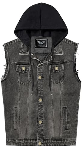RongYue Men's Denim Vest Casual Button Stretchy Distressed Jean Sleeveless Jacket with Hood (Grey,Medium)