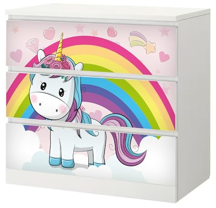 Möbelfolie Unicorn Baby passend für Ikea Malm Kommode 3 Schubladen Deko | Selbstklebende Schrankfolie für glatte Schubladenfronten Klebefolie Kinderzimmer Schlafzimmer DIY Upcycling 3 Schubladen