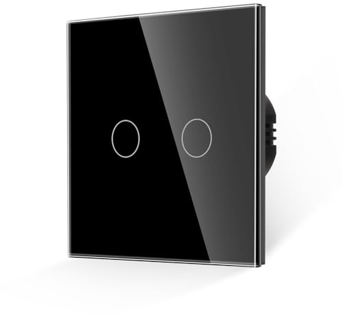 JIMEIDA Interrupteur mural tactile 2 voies en verre trempé noir et plaque en verre sans vis avec rétroéclairage LED, pas de fil neutre nécessaire, 500 W, AC 240 V