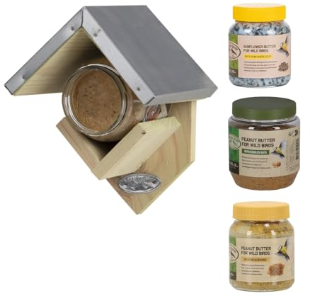 4 TLG. Set Vogelfutterhaus für Erdnussbutter Futtergläser + 3X Futter im PET Glas Wildvögel Gartenvögel Holz Mehlwürmer Erdnussbutterhaus