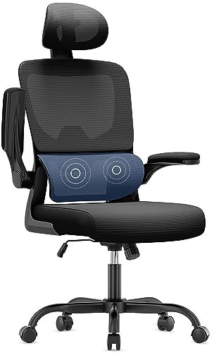 naspaluro Sedia Da Ufficio Ergonomica Con Supporto Lombare Adattativo a Forma Di C, Poggiatesta Regolabile, Braccioli Ribaltabili, Poltrone Ufficio a Rete Traspirante per Scrivania, Casa,Nero