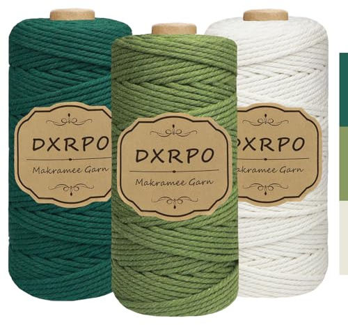 DXRPO Premium Makramee Garn Set, 3 Stück 3mm x 100m Macrame Cord,Baumwollgarn Macrame Garn für DIY Handwerk, Hängepflanzen,Weihnachten,Boho Deko(Natur, Olivgrün, Dunkelgrün)