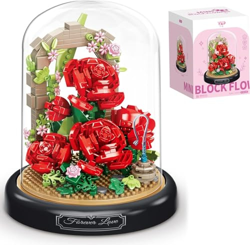 Flower Bouquet Building Block Set, DIY Artificial Flowers Building Kit with Dust Cover, Sunflower Rose Bonsai Tree Collection Building Kit, Decorative Home Botanical Gift for Her Women Mom (Res Rose)