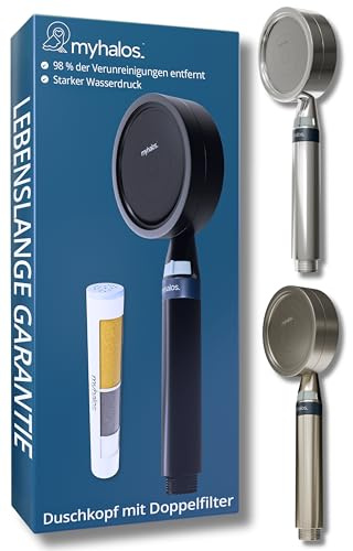 MyHalos® Shower Filter for Hard Water UK - High Pressure Filter Shower Head Set (no Hose) to Reduce Chlorine, Water Softener - Easy to Install Power Filtered Showerhead (Black)