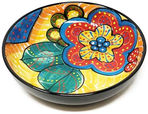 Hand Painted Spanish Floral Pattern Large Fruit Bowl 30cm Decorative Serving Dish for Food and Salad Yellow and Red Flower Design