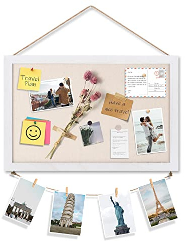 Emfogoo Pinnwand mit Leinen, 30 x 40 CM Pinnwand Kork, 1 Stück Vision Board mit Holzrahmen für Küche Büro Schule Heim Kinderzimmer Wand Dekoration Aufhängen, Pinwand Korktafel mit 8 Clips