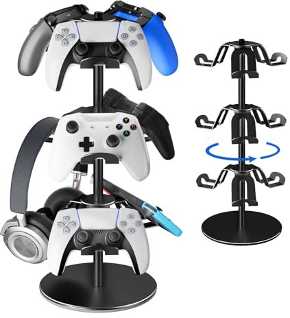 ZHGM Controller Holder Stand 3 Tiers, Rotatable Gaming Headset Stand Compatible with Xbox PS5 PS4 Nintendo Switch, Aluminum Headphone Organizer Rack, Desk Mount for 9 Packs Controller (Black)