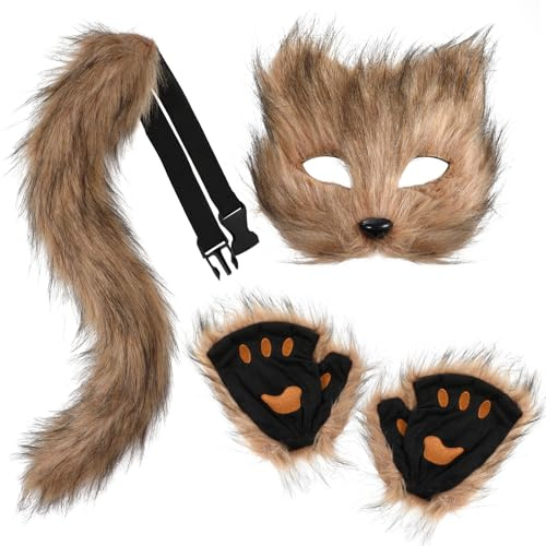 XEPST Conjunto de Disfraces de Zorro Lobo Animal, Fox Faux Fur Cola y Patas de Zorro con Máscara de Zorro para Disfraz de Animal Cosplay Cumpleaños Fiesta de Disfraces de Halloween,Marrón
