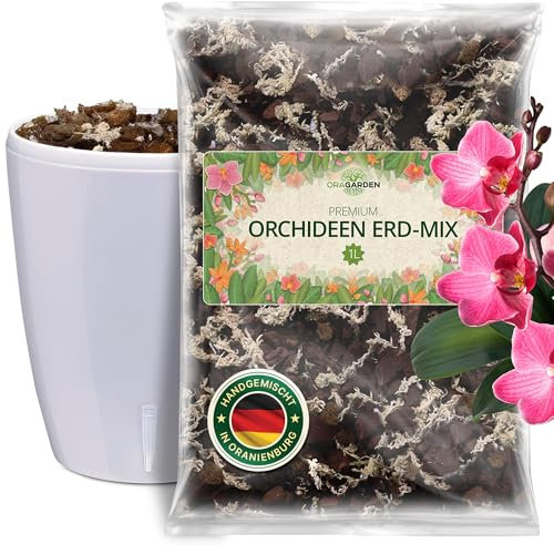 ORAGARGEN Orhideen Erde Und Topf (Weiß) mit Wasserstandsanzeiger - 4 Komponenten Orchideensubstrat 3L und Orchideen Blumenkübel mit Selbstbewässerungssystem - Bausatz Blumentopf und Substrat