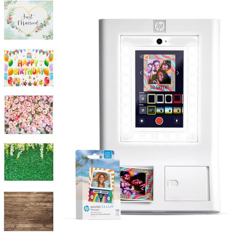 HP Sprocket Photo Booth Machine Instant Color Photo Printer (White) + Zink Paper (100 Sheets) + Photo Backdrops (5)