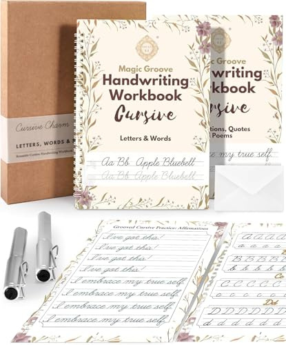 UNCLE EJ Kit de cahier d'écriture cursive rainurée – Grand cahier d'exercices cursifs pour enfants de 8 à 12 ans et adultes, pratique d'écriture magique réutilisable rainurée, lettres, mots et poésie,