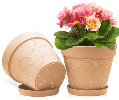 ZMTECH 25 cm Blumentopf mit untersetzer, 10 Zoll Kunststoff Terrakotta-Look Pflanzkübel mit Drainagelöchern, Rund Medium Groß übertopf für Innen Draußen Kräuterhaus Pflanzen (2er-Set)