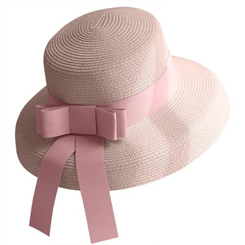 Generisch Damen Sonnenhut, Strohhut Damen Faltbar Damenhut Sommer Sonnenschutz Elegant Atmungsaktiv Sommerhut Outdoor Urlaub Strandhut Breiter Krempe Sonnenhut Rosa