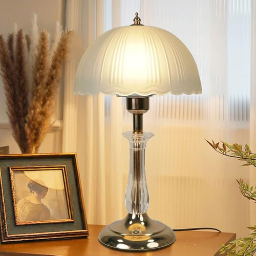 Klobvtt Dome Glass Table Lamp Modern Nightstand Light Bedside End Table Lamps Ribbed Glass Desk Reading Lights, Vintage Bedside Lamp E27 Desktop Lights for Bedroom Living Room Office