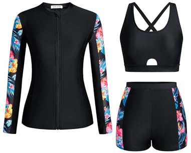 Odizli Swimming Costume Women Top + Tummy Control Swim Shorts Bikini Sets + Long Sleeve Rash Guard Vest Shirts 3 Piece Older Ladies Modest Swimwear Full Body Swimsuit Wetsuit Beachwear Black Red XL